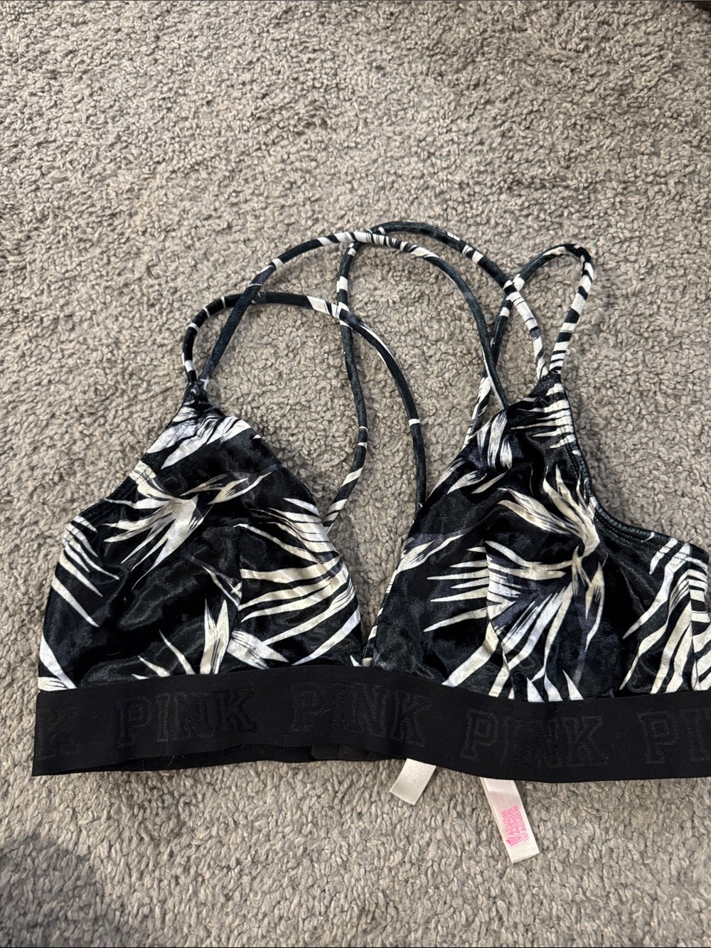 PINK Victoria's Secret Black & White Palm-Print Bralette with Thin Straps